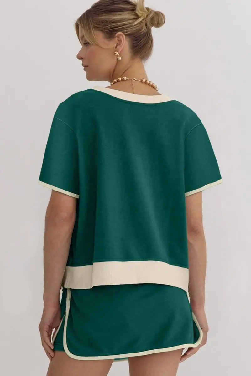 Evergreen Colorblock Edge Drop Shoulder T Shirt and Skort Set - Love Salve